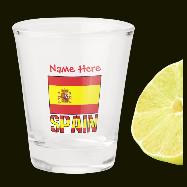 Verre A Shot Espagne Drapeau espagnol Rouge Personnalisé (Spanish Flag on shot glass with word SPAIN below in flag colors. Add name in red text above.)
