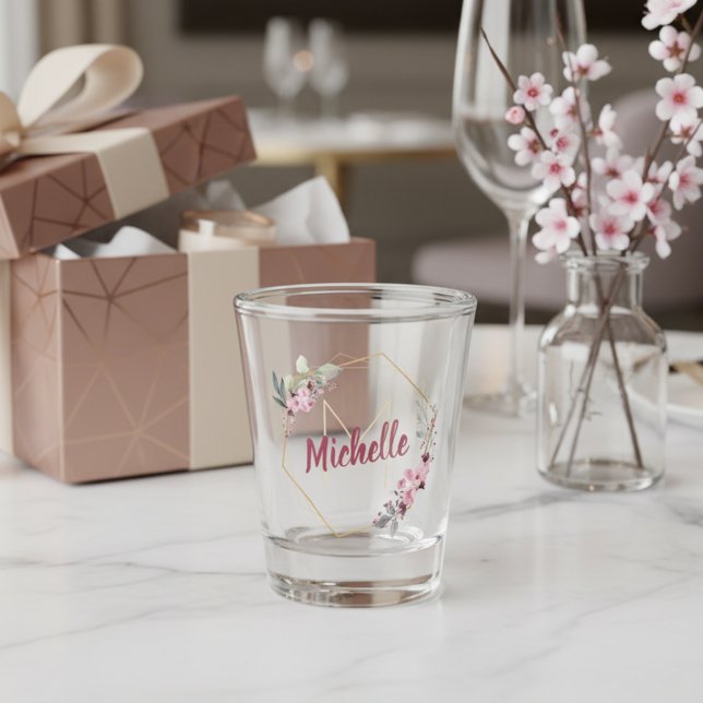 Verre A Shot Fancy Gold Cherry Blossom avec Monogramme et nom (Personalized 21st Birthday gift idea! Elegant monogram & name shot glass decorated w/ cherry blossom)