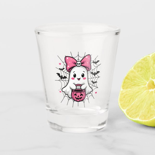 Verre A Shot Fantôme éffrayant avec Pink Bow Sensibilisation au (Devant)