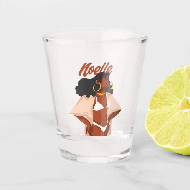 Verre A Shot Femme noire, Bikini blanc, Prêt plage (Devant)