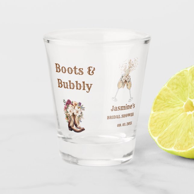 Verre A Shot Fête de mariage western Bohème Boots & Bubbly (Devant)