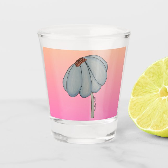 Verre A Shot Fleur bleue sur fond rose (Devant)