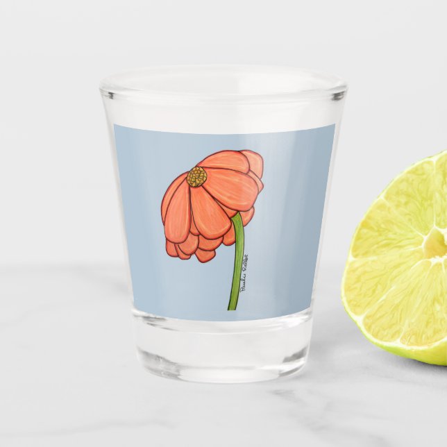 Verre A Shot Fleur orange sur fond bleu (Devant)