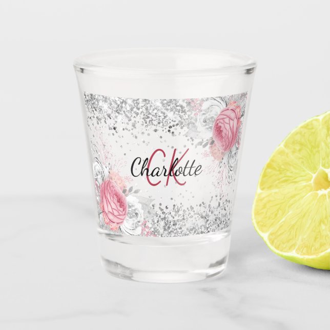 Verre A Shot Fleurs roses argentées élégant monogramme nom (Devant)