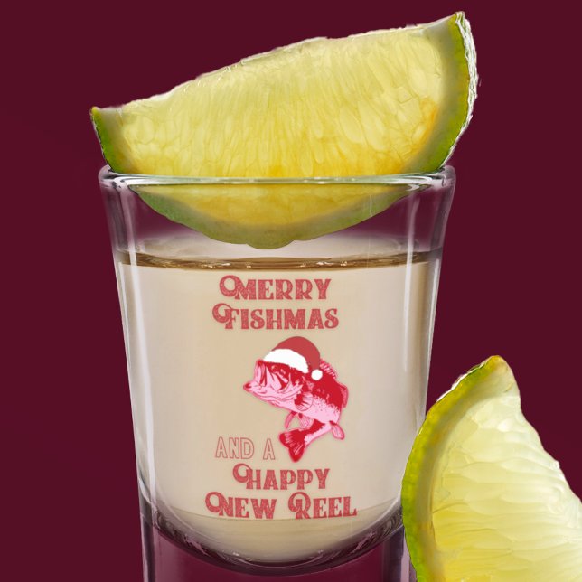 Verre A Shot Funky Christmas Bass Fishing (Merry Fishmas! A funny Christmas fishing pun shot glass. )