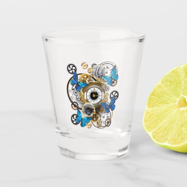 Verre A Shot Gears of Steampunk and Blue Butterflies (Devant)