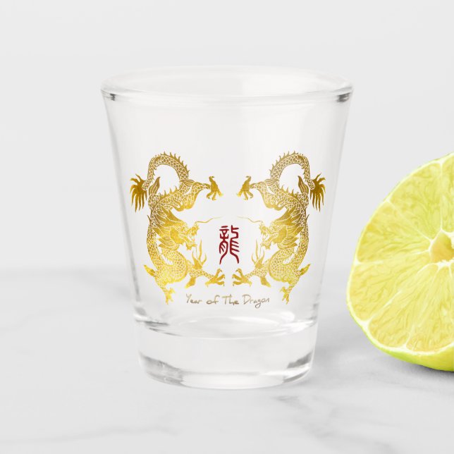 Verre A Shot Golden Chinese Dragon vieux Idéogramme Anniversair (Devant)