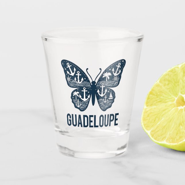 Verre à shot Guadeloupe – Motif papillon et ancres (Devant)