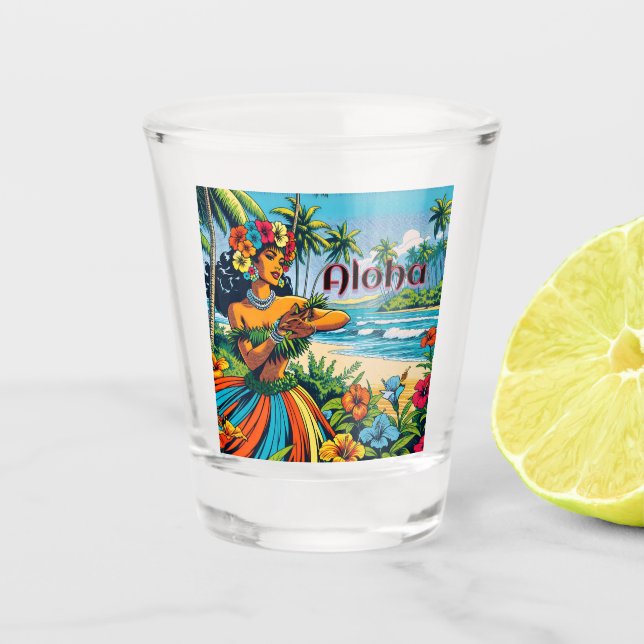 Verre A Shot Hula Dancer sur les îles Hawaiiennes Aloha (Devant)