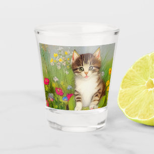 Verre A Shot Illustration de chat souriant vintage
