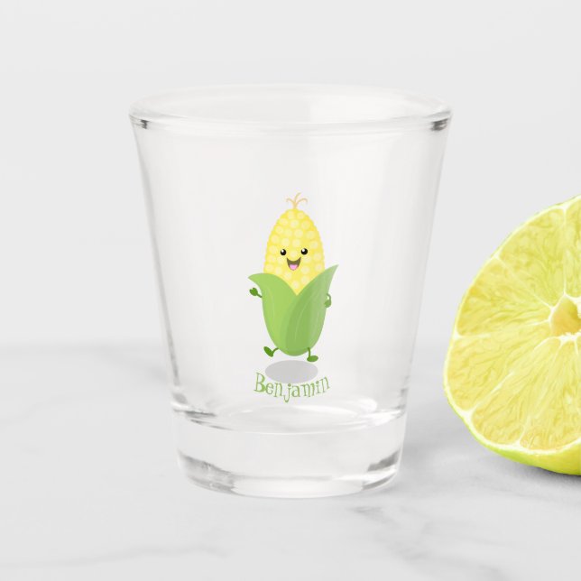Verre A Shot Illustration d'une caricature de maïs joyeux (Devant)
