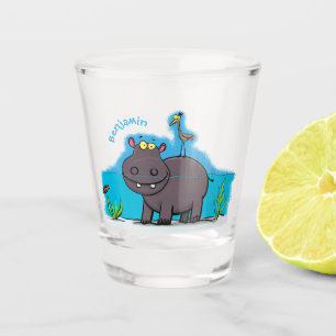 Verre A Shot Ippopotame drôle mignon avec dessin animé d'oiseau