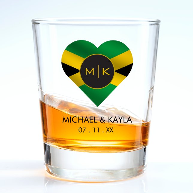 Verre A Shot Jamaïcain Jamaïcain Drapeau Mariage de monographie (Jamaica Jamaican Flag Heart Monogram Wedding Shot Glass)