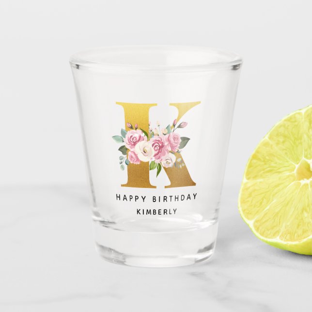 Verre A Shot Joyeux Anniversaire Floral Monogramme K Nom person (Devant)