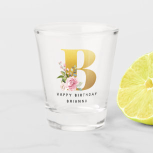 Verre A Shot Joyeux Anniversaire Floral Monogramme Nom personna