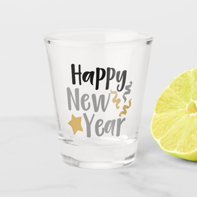 Verre A Shot Joyeux art de mots du Nouvel An (Devant)