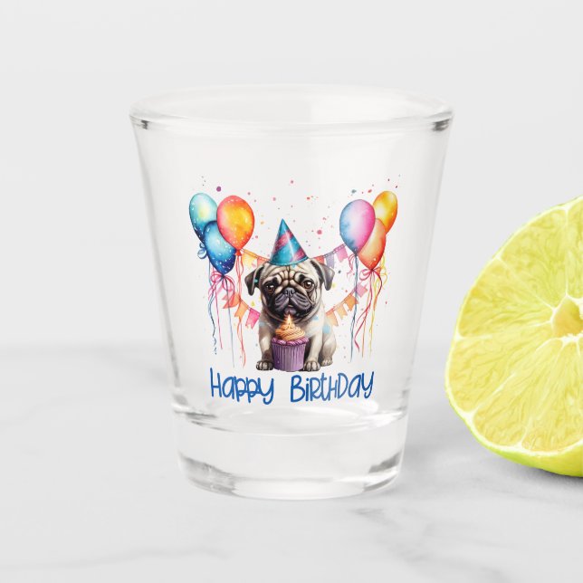 Verre A Shot Joyeux Carlin D'Anniversaire Avec Cupcake Et Ballo (Devant)