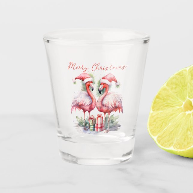 Verre A Shot Joyeux Flamants roses roses de Noël (Devant)