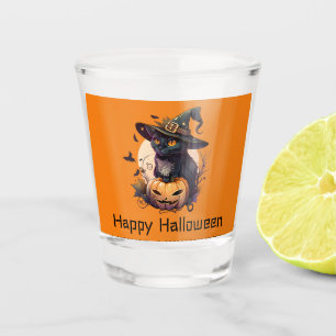 Verre A Shot Joyeux Halloween Chat noir Jack-o-Lantern Orange