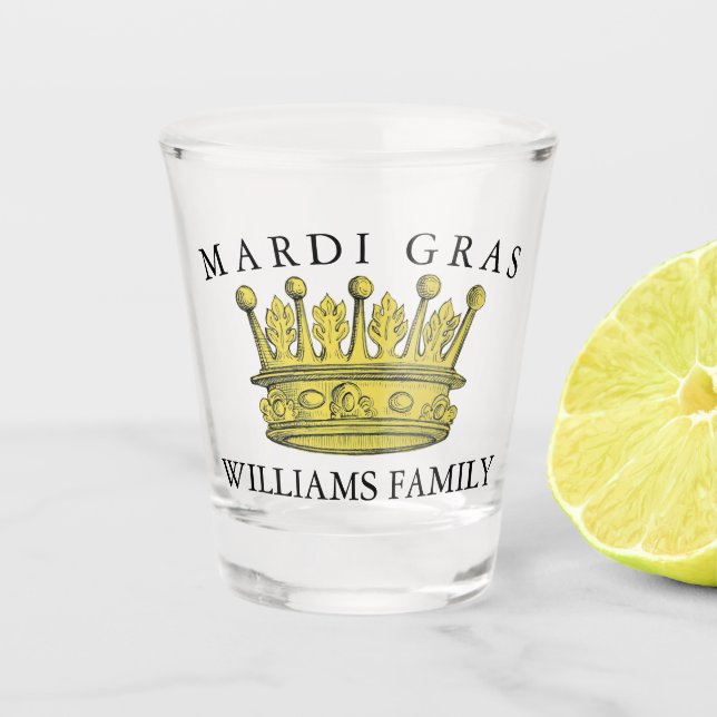 Verre A Shot Mardi Gras Couronne jaune Nom de famille Monogramm (Devant)