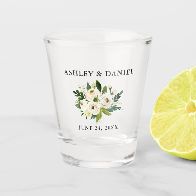 Verre A Shot Mariage blanc vert floral d'aquarelle (Devant)
