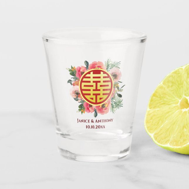 Verre A Shot Mariage chinois moderne rose fleuri (Devant)