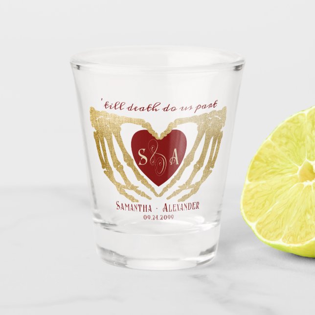 Verre A Shot Mariage Rouge Gothique Mains de Squelette Jusqu'à  (Devant)