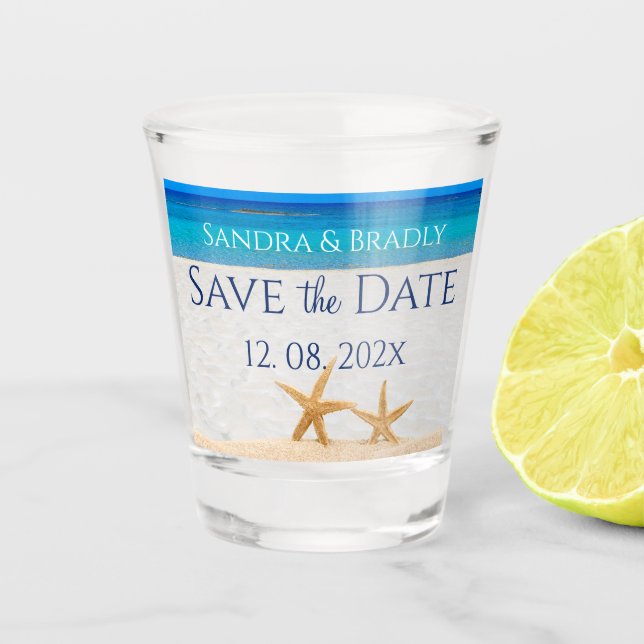 Verre A Shot Mariage Sauvez la date, Starfish sur la plage Ocea (Devant)