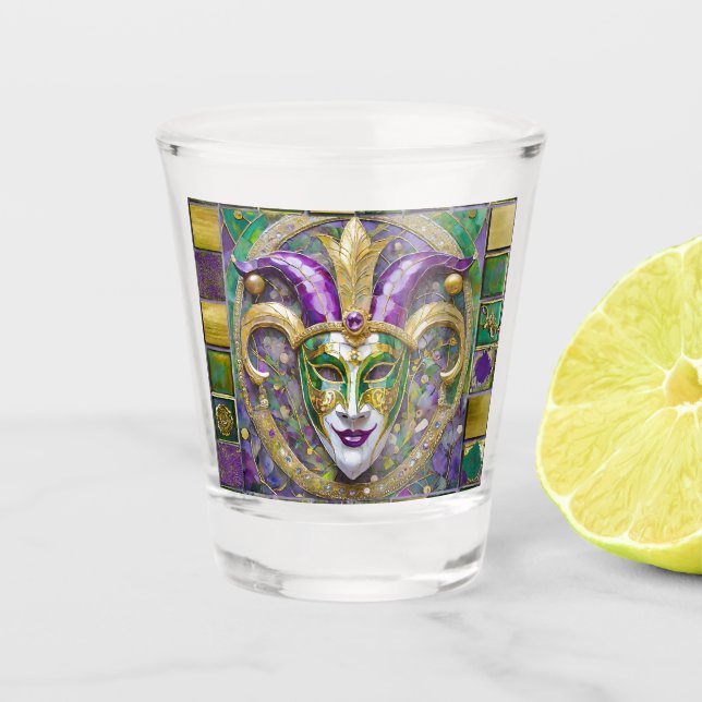 Verre A Shot Masque Mardi Gras Jester Vert Or (Devant)