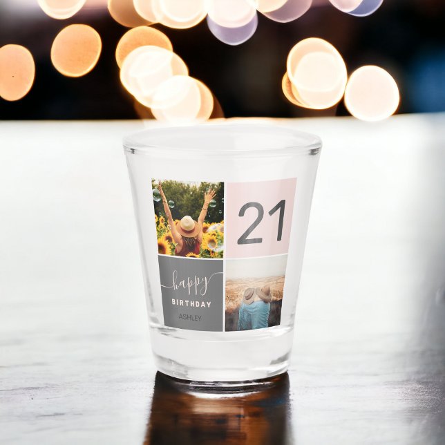 Verre A Shot Moderne 21 anniversaire rose 2 grille photo collag (Modern 21 birthday pink 2 photo collage grid shot glass)