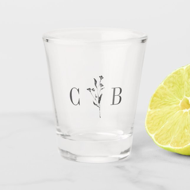 Verre A Shot Monogramme blanc botanique simple Mariage initial (Devant)