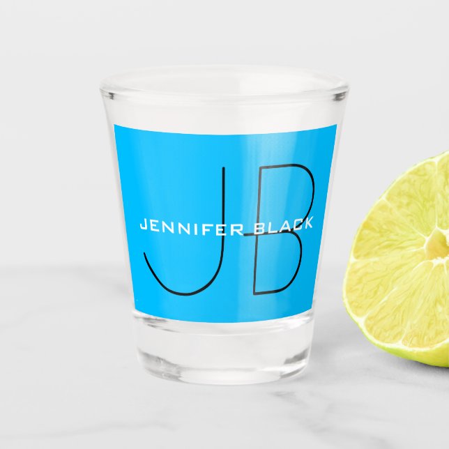 Verre A Shot Monogramme Capri bleu minimaliste Nom moderne (Devant)