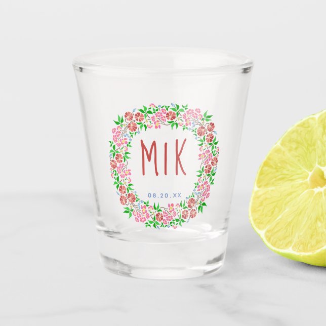 Verre A Shot Monogramme de mariage Couronne florale jolie Date  (Devant)