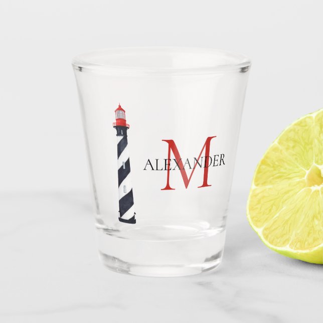 Verre A Shot Monogramme de phare noir et blanc nautique (Devant)