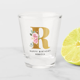 Verre A Shot Monogramme floral R Anniversaire Nom personnalisé
