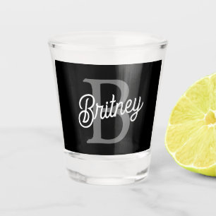 Verre A Shot Monogramme moderne élégant Nom noir Gris noir Scri