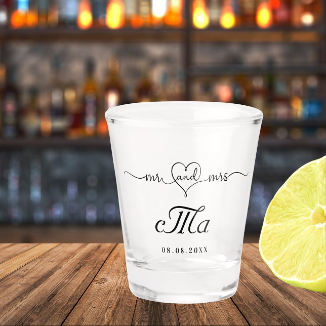 Verre A Shot Mr mrs jeunes mariés monogramme fête de mariage (Créateur téléchargé)