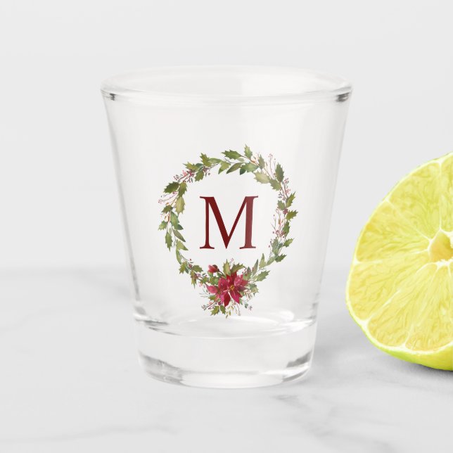 Verre A Shot Noël Poinsettia Holly Wreath Monogramme (Devant)