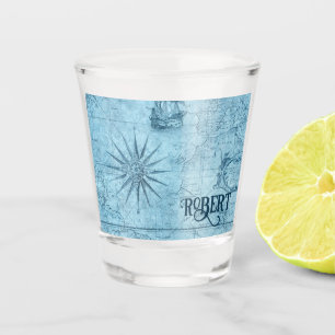 Verre A Shot Nom, Blue Faux Old World Map 1.5oz