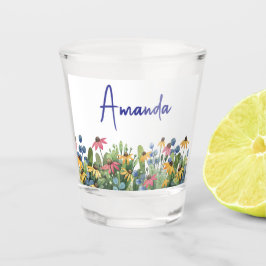 Verre A Shot Nom élégant, Fleurs sauvages d'aquarelle estivale