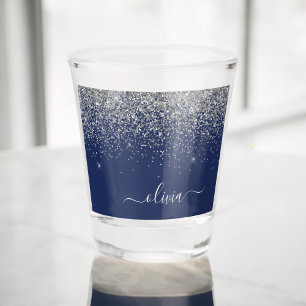 Verre A Shot Paillette de monogramme girly bleu marine argenté