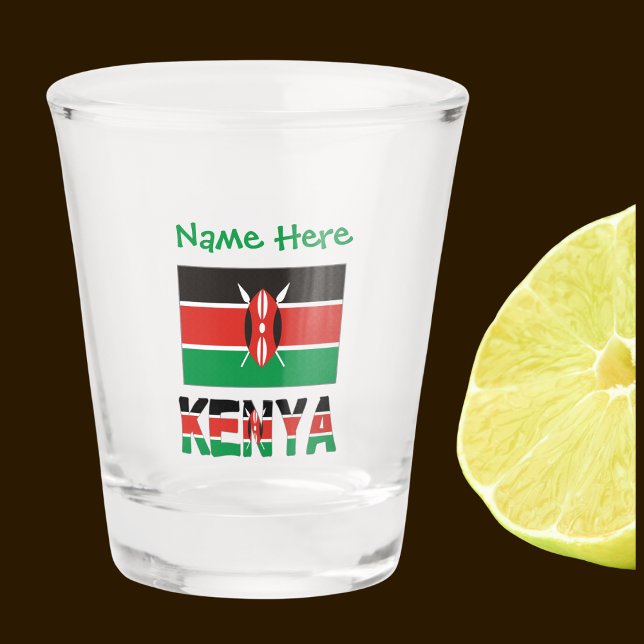 Verre A Shot Personnalisation verte drap kényan (Kenyan Flag on shot glass has the word KENYA below in the colors of the flag. Add a name above.)
