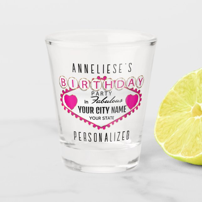 Verre A Shot Personnaliser Anniversaire - Vegas Style - Rose (Devant)