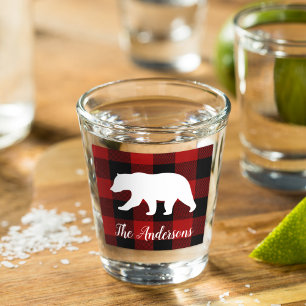 Verre A Shot Red Buffalo Plaid & Bear   Nom personnel Cadeau