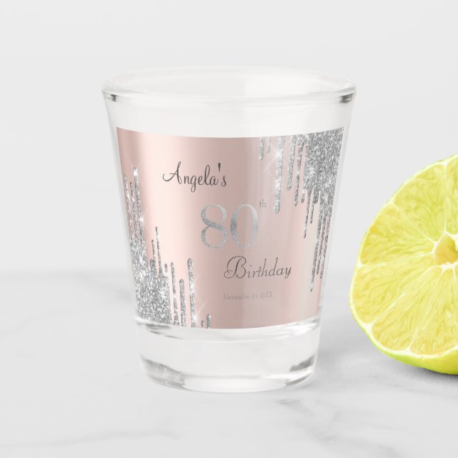 Verre A Shot Rose Gold 80 ans paillettes gouttes d'argent (Devant)