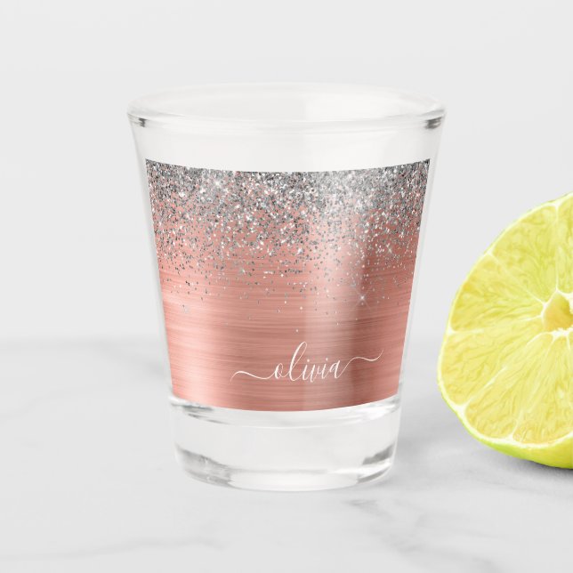 Verre A Shot Rose Gold Métal Brossé Paillettes Argent Monogramm (Devant)