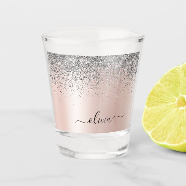 Verre A Shot Rose Gold - Rose Pâle Paillettes Argent Monogramme (Devant)