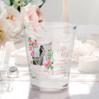 Verre A Shot Ruban de rose rose monogramme photo mariage