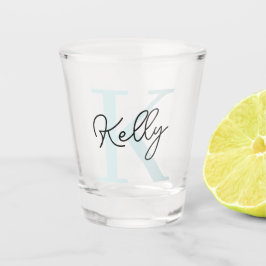 Verre A Shot Script de Monogramme bleu aquatique moderne