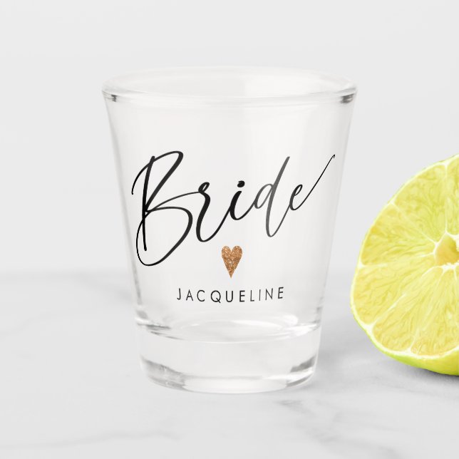 Verre A Shot Script moderne Bride Rose Gold Heart Script w Nom (Devant)